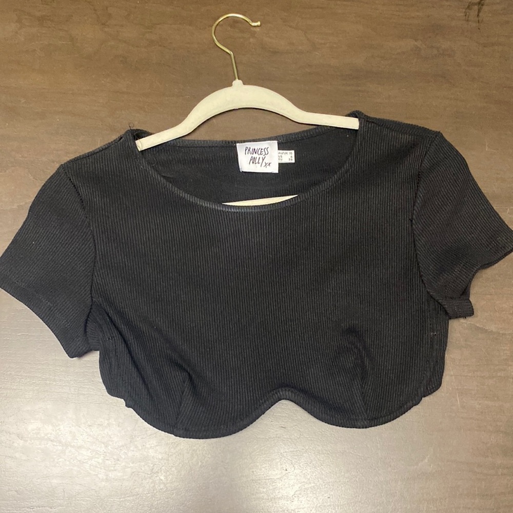 Princess Polly Ribbed Black underwire crop top short sleeve backless size 6